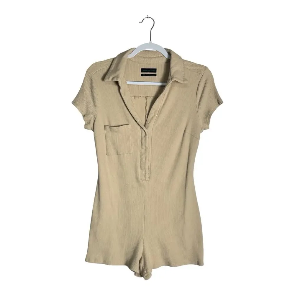 Urban Outfitters Womens Beige Ribbed Polo Romper Short Sleeve Fitted Playsuit M